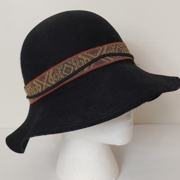 Wool Felt Wide Brim Floppy Hat Kilim Style Pattern Band Adjustable Boho Black - Picture 9 of 9
